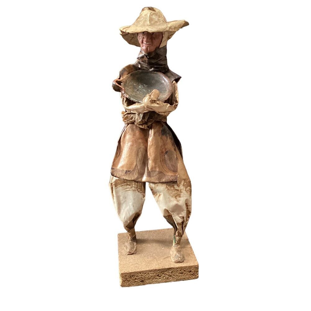 Vintage Asian Farmer Paper Mache Figurine‎ Folk Art Sculpture